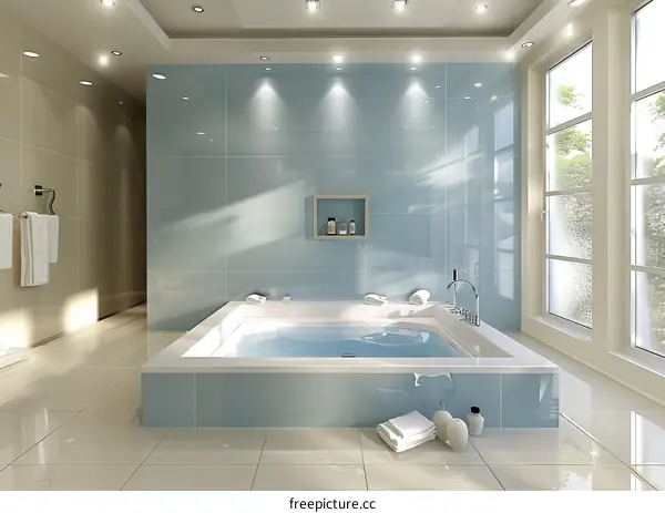 Modern Light Blue Bathroom with Square Bathtub
