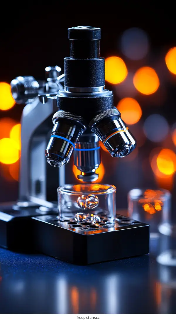 Close-up of a Modern Microscope and Glass Sample