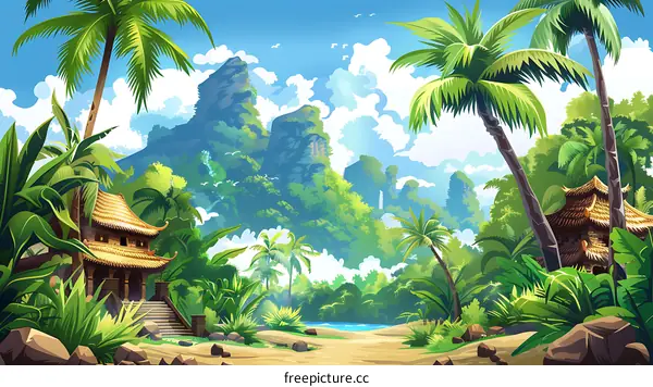 Tropical Jungle Illustration with Ancient Buildings