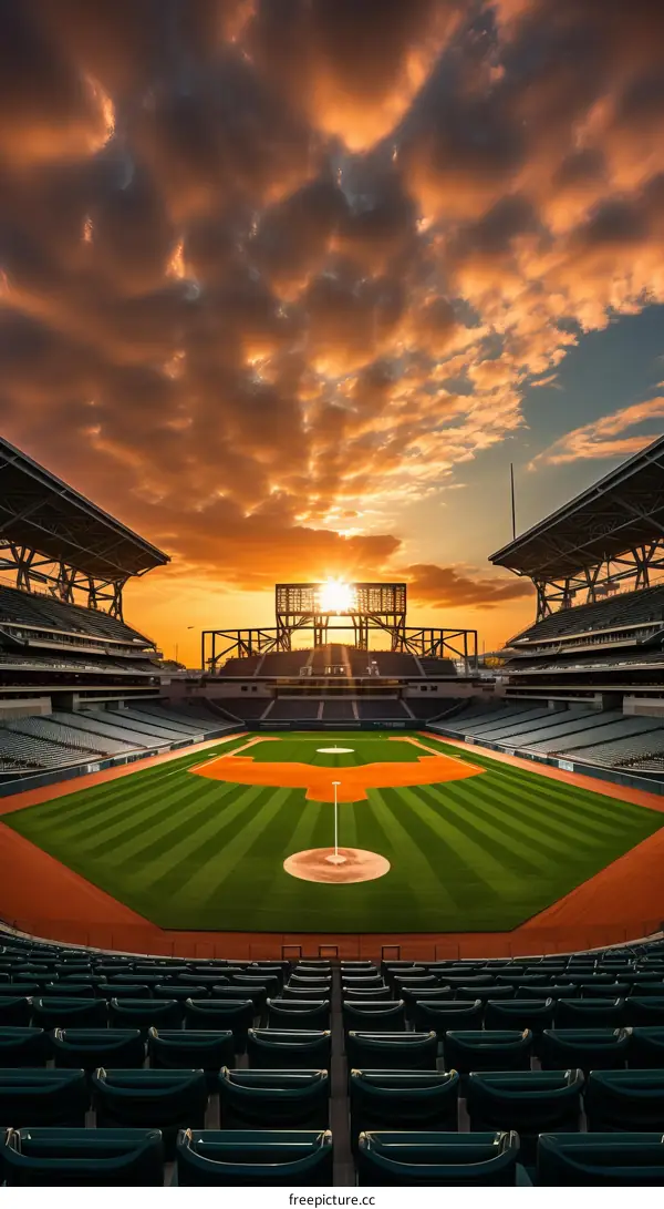 An empty baseball stadium at sunset