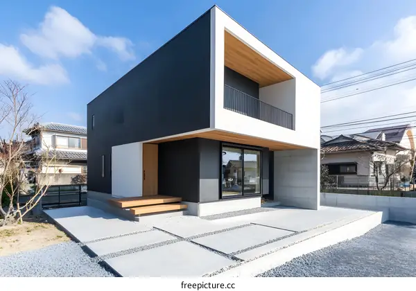 Modern Black and White House Exterior with Concrete Patio and Wooden Accents