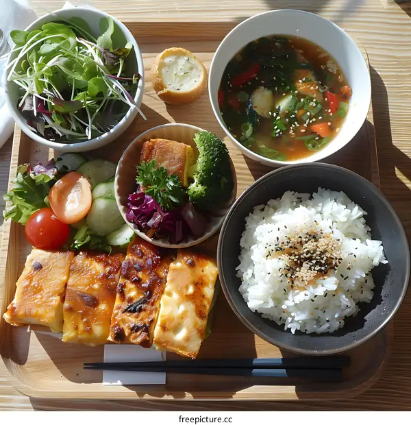 Japanese Food Plate with Grilled Cheese, Rice, and Salad