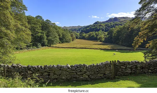 Peaceful Countryside Landscape with Stone Wall