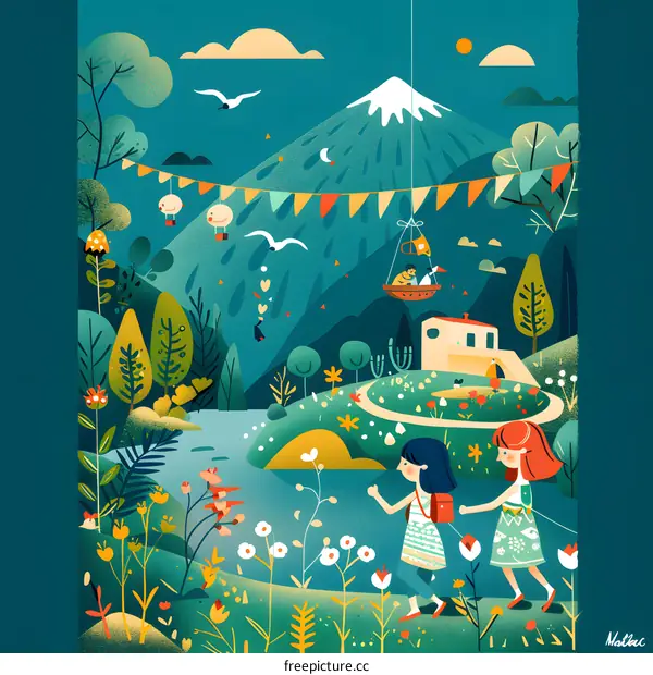 Two Girls Walking in a Colorful Illustrated Landscape with a Mountain in the Background