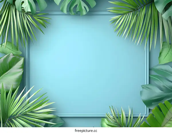 Tropical Leaves Frame on Blue Background