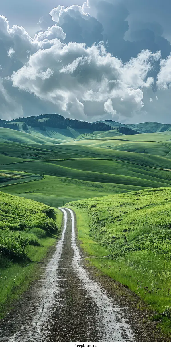 Rural Idyll: Serene Countryside Road amidst Rolling Green Hills