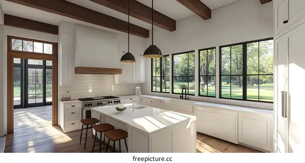 Modern Farmhouse Kitchen Design with White Cabinets and Large Windows