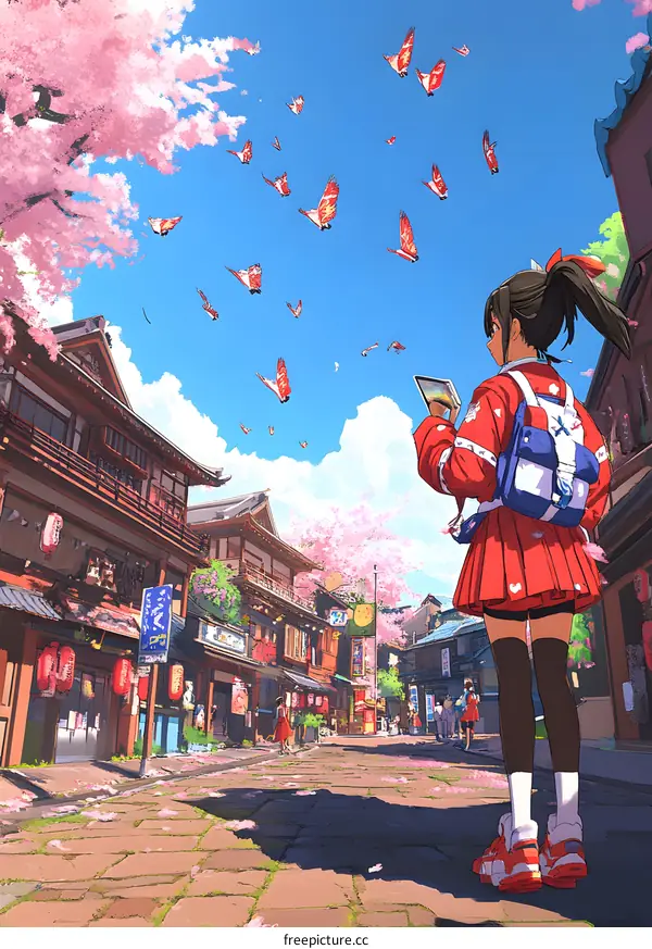 Anime Girl in Traditional Japanese Street with Cherry Blossoms and Flying Butterflies