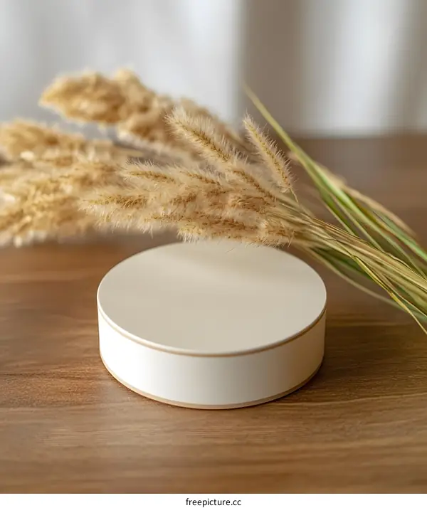 White Cylinder Stand With Dried Grass On Wooden Table