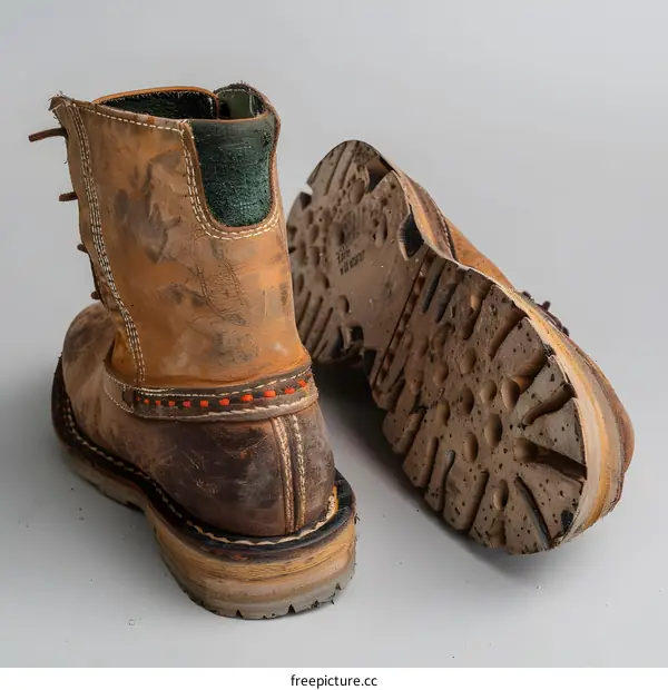 Pair of worn brown leather boots on gray background