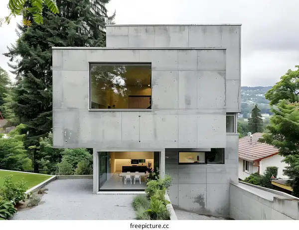 Modern Concrete House with Large Windows