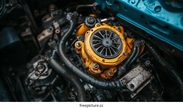 Close Up of a Dirty Engine with Yellow Parts