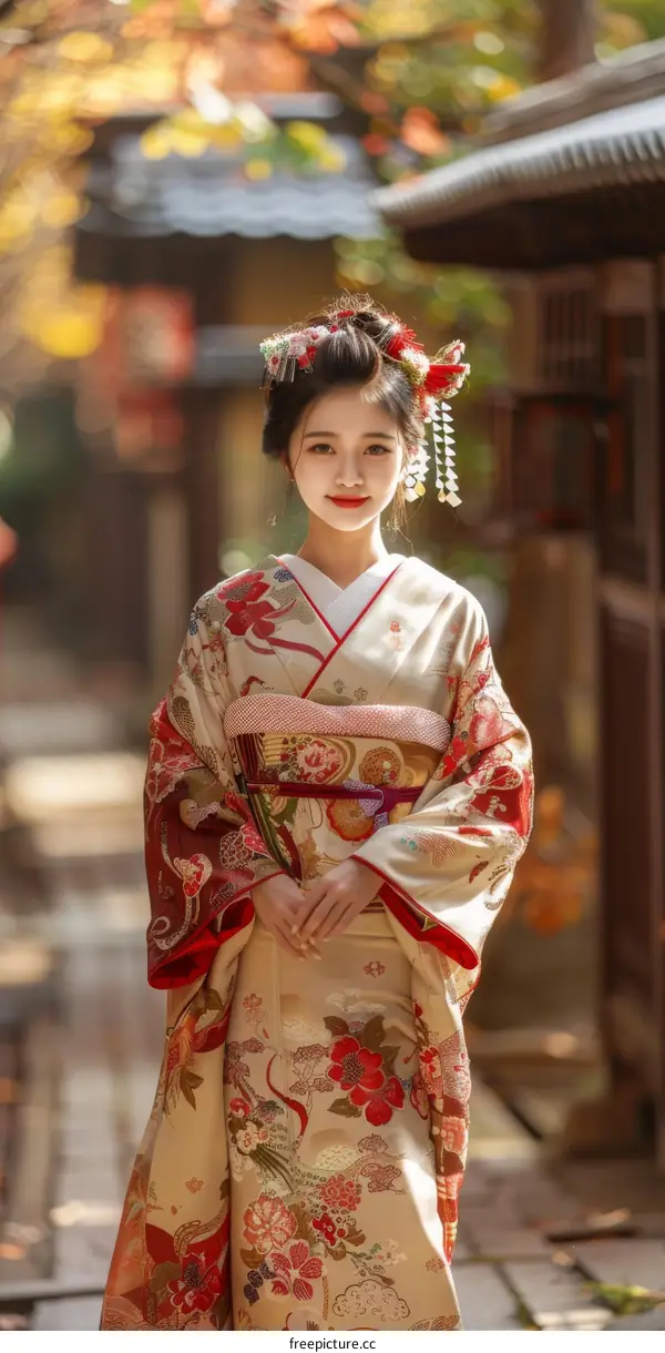 Portrait of a beautiful Japanese woman in traditional kimono