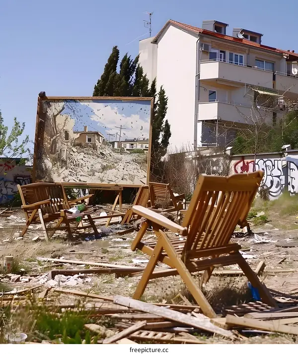 Abandoned Wooden Chairs in Front of a Painting of a Building