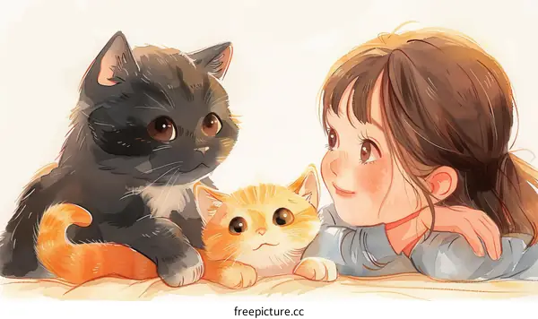 An illustration of a girl with two cats