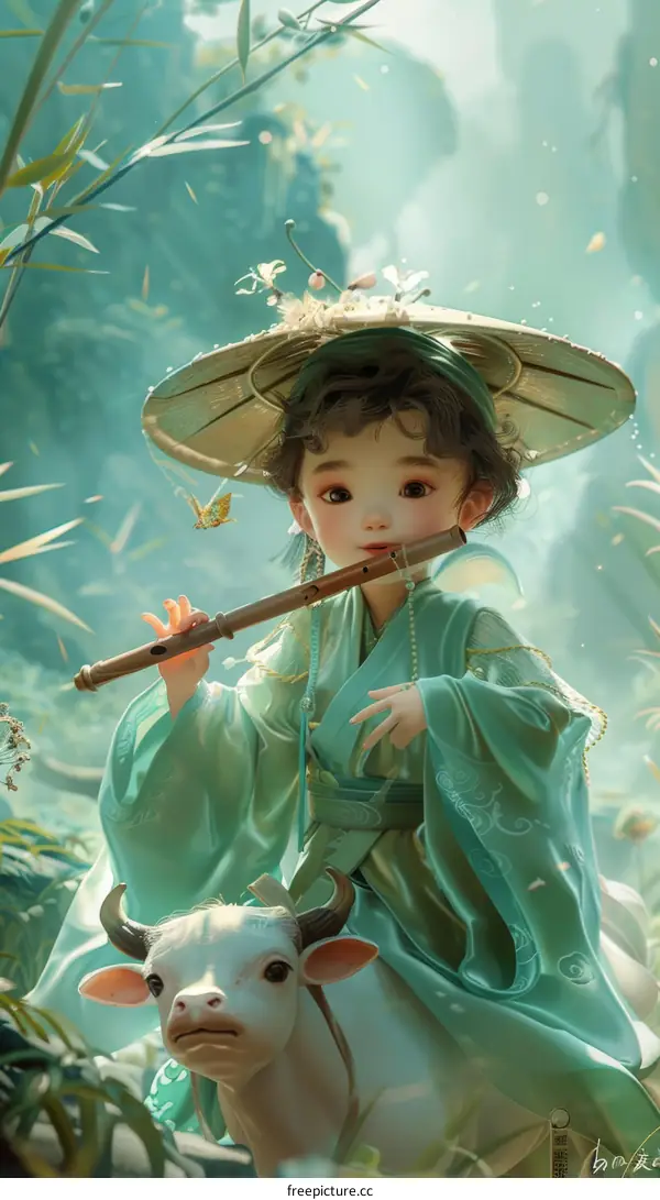 Fantasy Flute Girl on Cow in Bamboo Forest