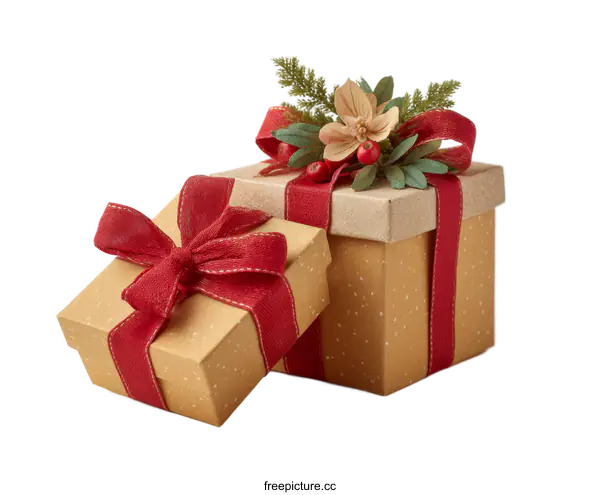 [Transparent Background PNG]Two Christmas Gift Boxes with Red Ribbon and Decorations
