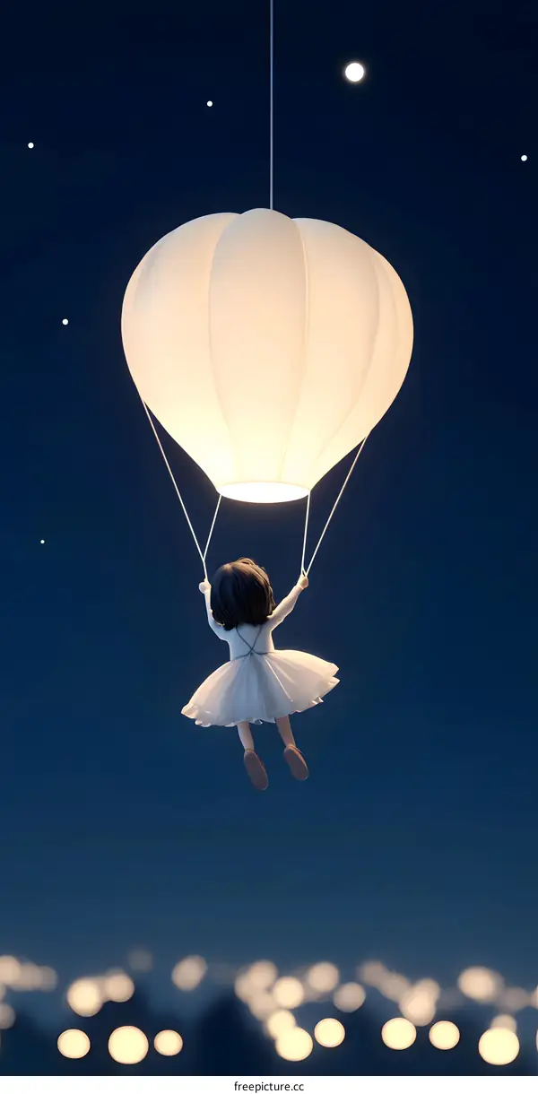 Girl Flying In A Hot Air Balloon At Night