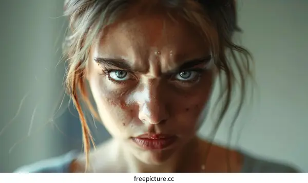 Close-up Portrait of a Caucasian Woman with Intense Expression