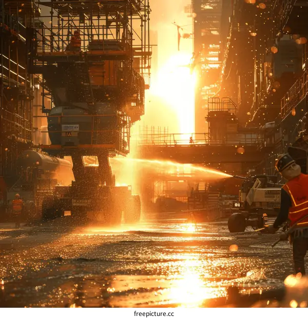 Construction workers spraying water on a construction site