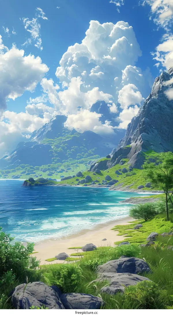 Beautiful Mountain Beach Scenery Illustration
