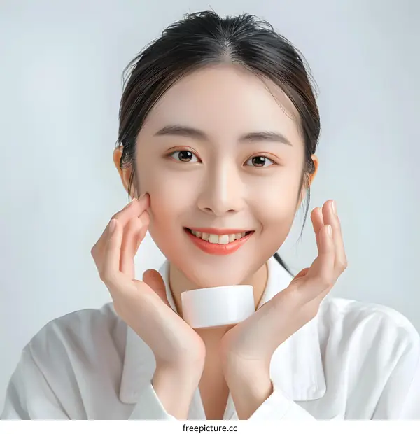 Smiling Asian Woman Holding a White Jar