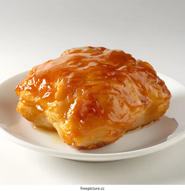 A delicious sticky bun sits on a white plate.