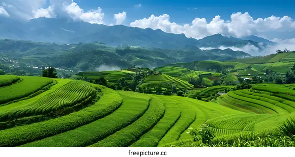 Green Terraced Rice Fields in the Mountains