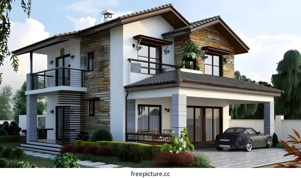 Modern Home Design With Stone Facade and Balcony