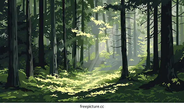 Sunlight Shining Through The Trees In A Green Forest