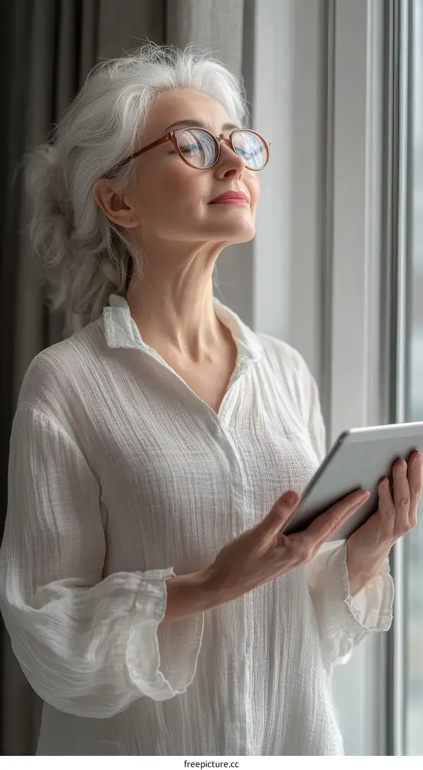 Senior woman looking out window with tablet