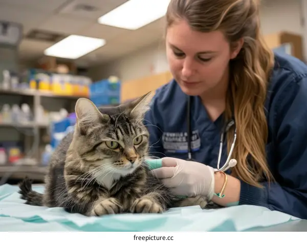 Young woman examining a cat