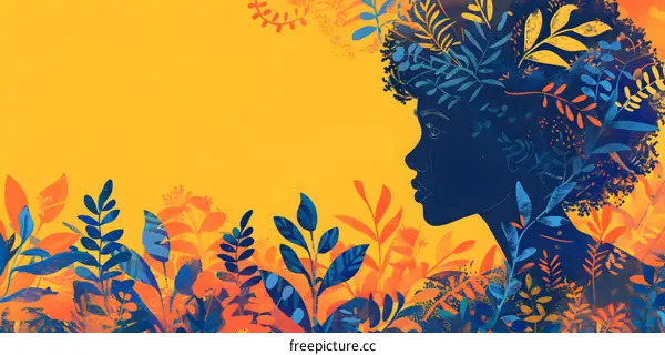 Black woman illustration with blue leaves