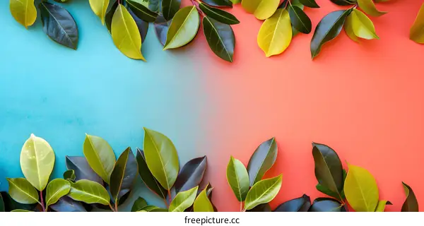 Green Leaves on Blue and Orange Background