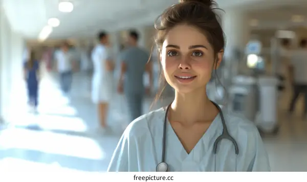 Portrait of a smiling female doctor in a hospital hallway