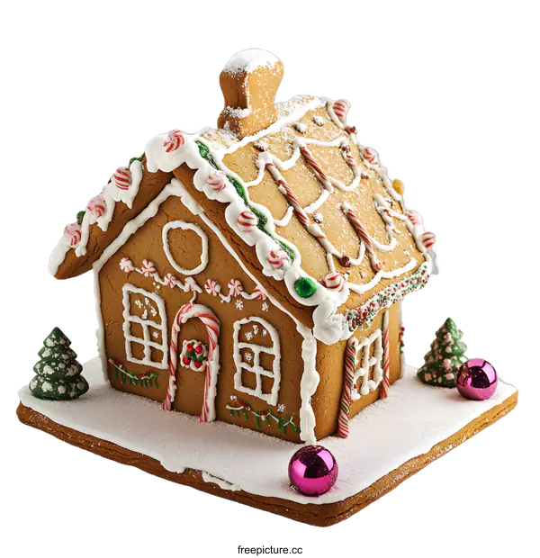 [Transparent Background PNG]Gingerbread House Decorated With Candy Canes and Snow
