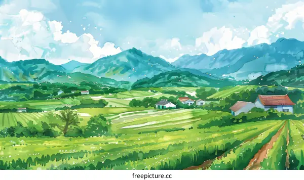 Peaceful Countryside Landscape with Rolling Hills and Lush Fields