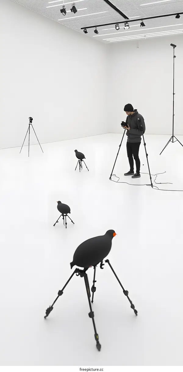 Black Birds on Tripods in a White Room
