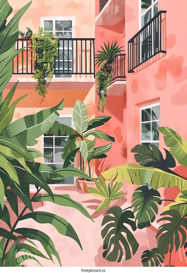 Pink Building with Tropical Plants Illustration