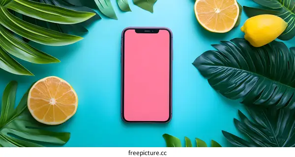 Summer Background With Phone Mockup And Tropical Leaves