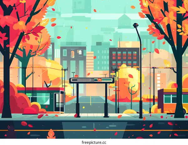 Autumn Cityscape Illustration With Falling Leaves