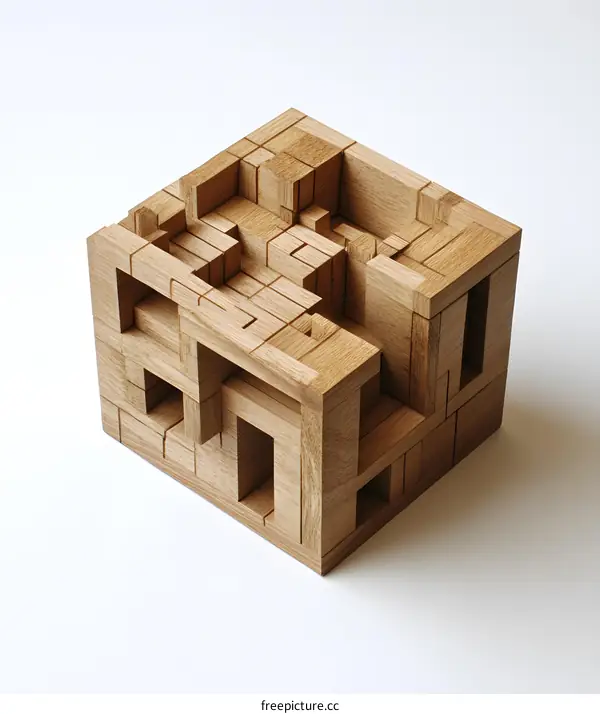 Wooden Cube Abstract Sculpture with Geometric Pattern