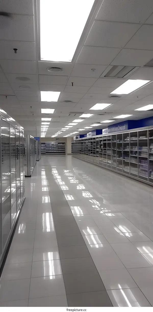 Empty Store Aisle with Bright Fluorescent Lights