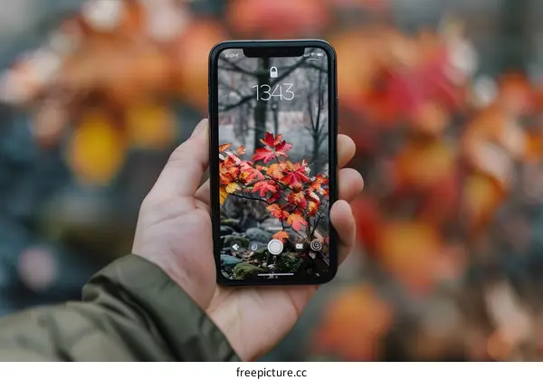 Person Holding a Smartphone with Autumn Leaves on the Screen