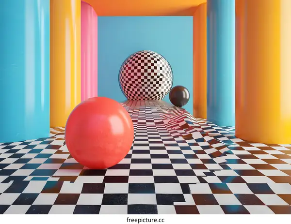 Checkered surreal space with colorful columns and spheres