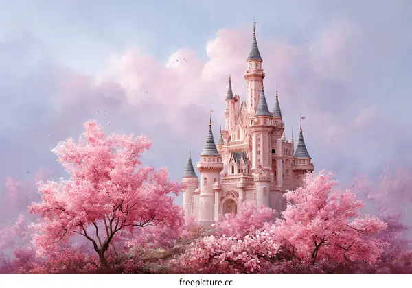 Magical Pink Castle in a Springtime Wonderland