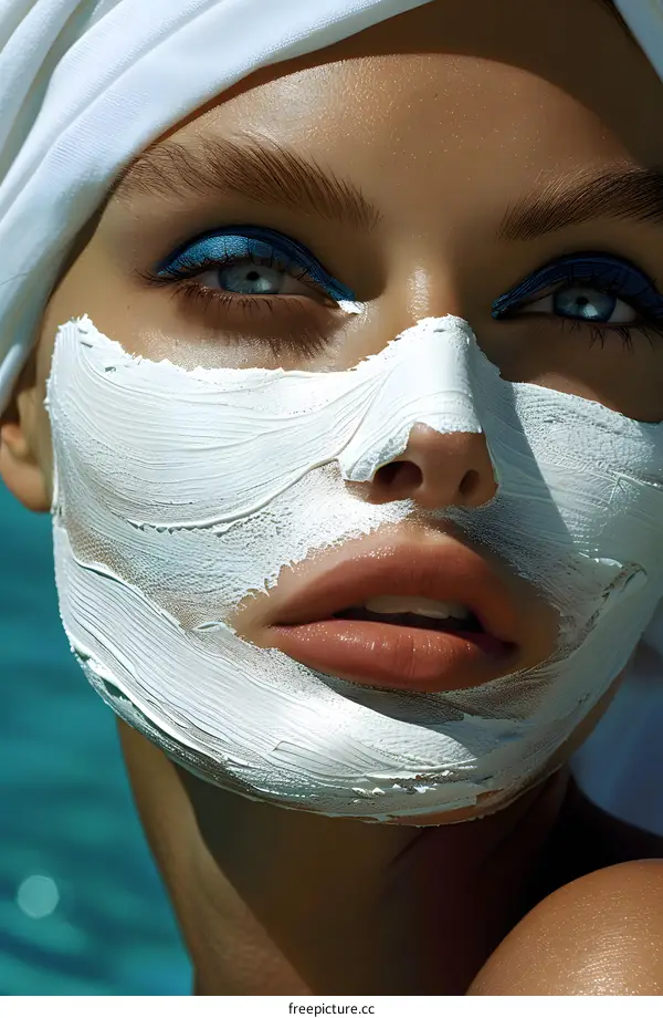 Close-up of a woman with a white facial mask on her face