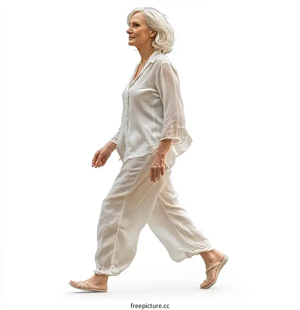 Mature Woman Walking in Elegant White Outfit
