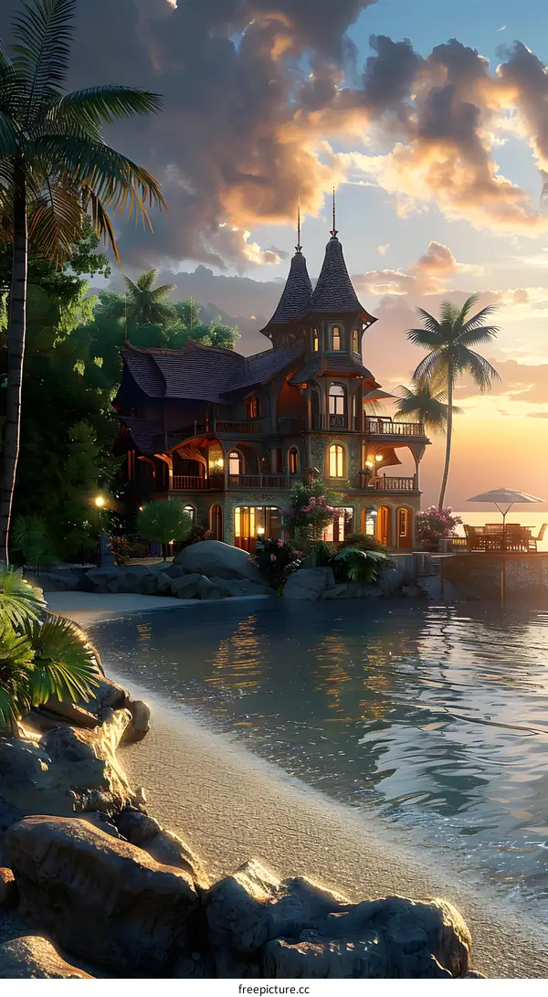 Dreamy House on the Beach at Sunset
