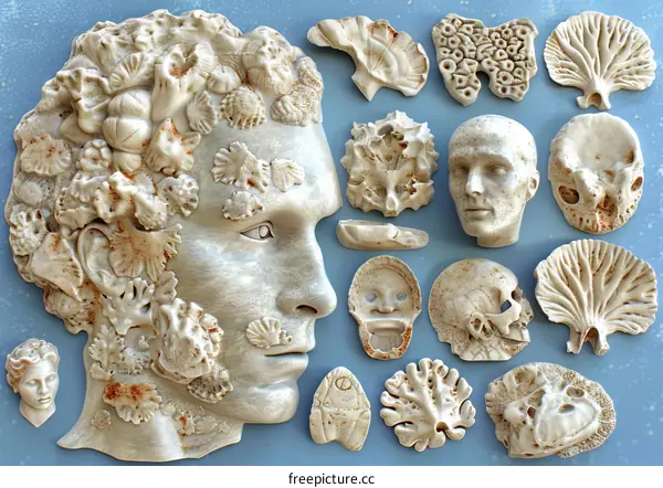 A 3D printed head made of coral and shells